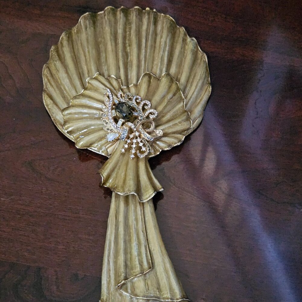 RARE JAY STRONGWATER ART DECO GROTTO SHELL ENAMEL CRYSTAL VANITY HANDHELD MIRROR